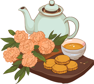 商代风格卡通插画：菊花茶和饼干元素