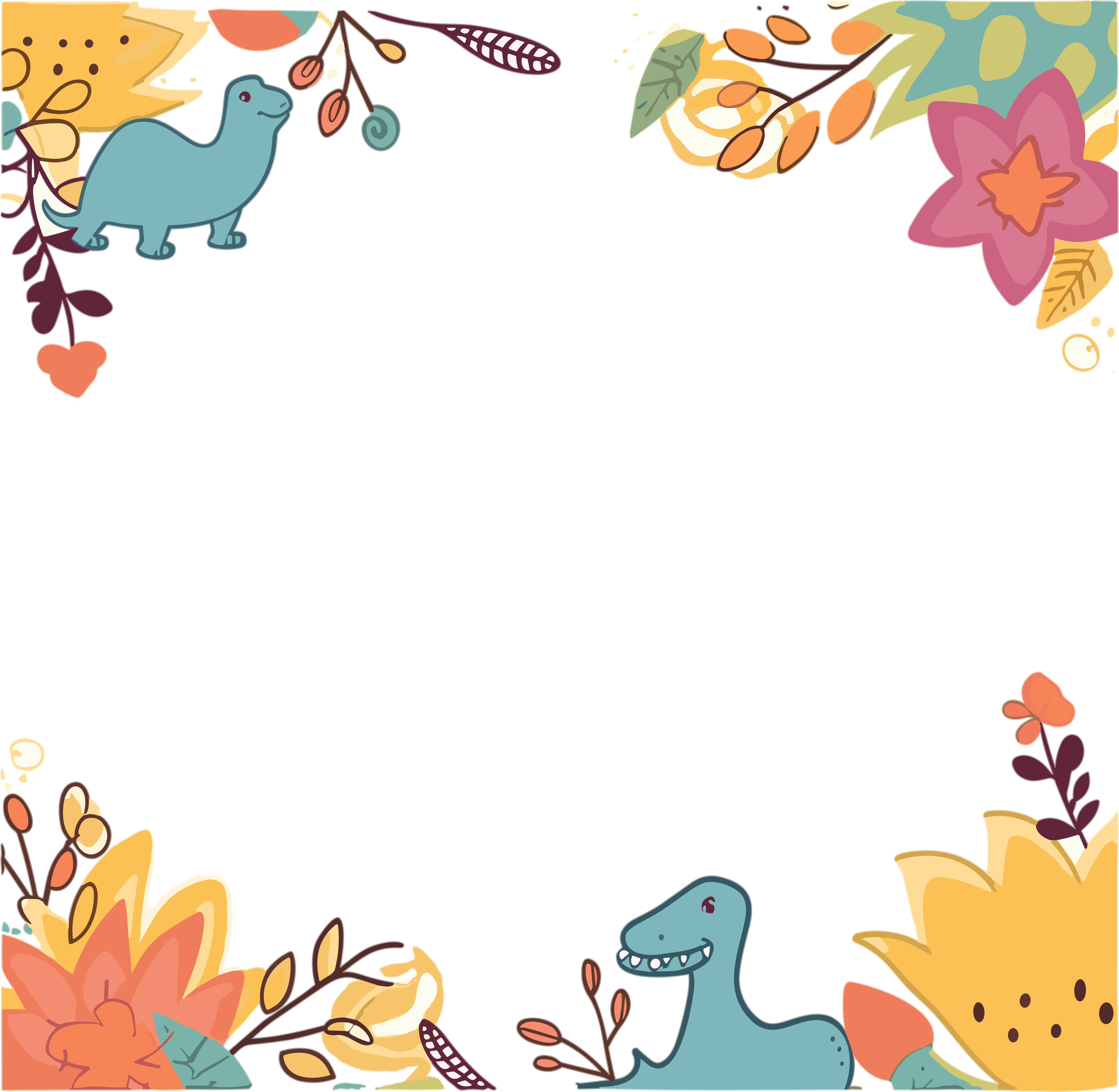 手绘插画小恐龙花朵边框素材