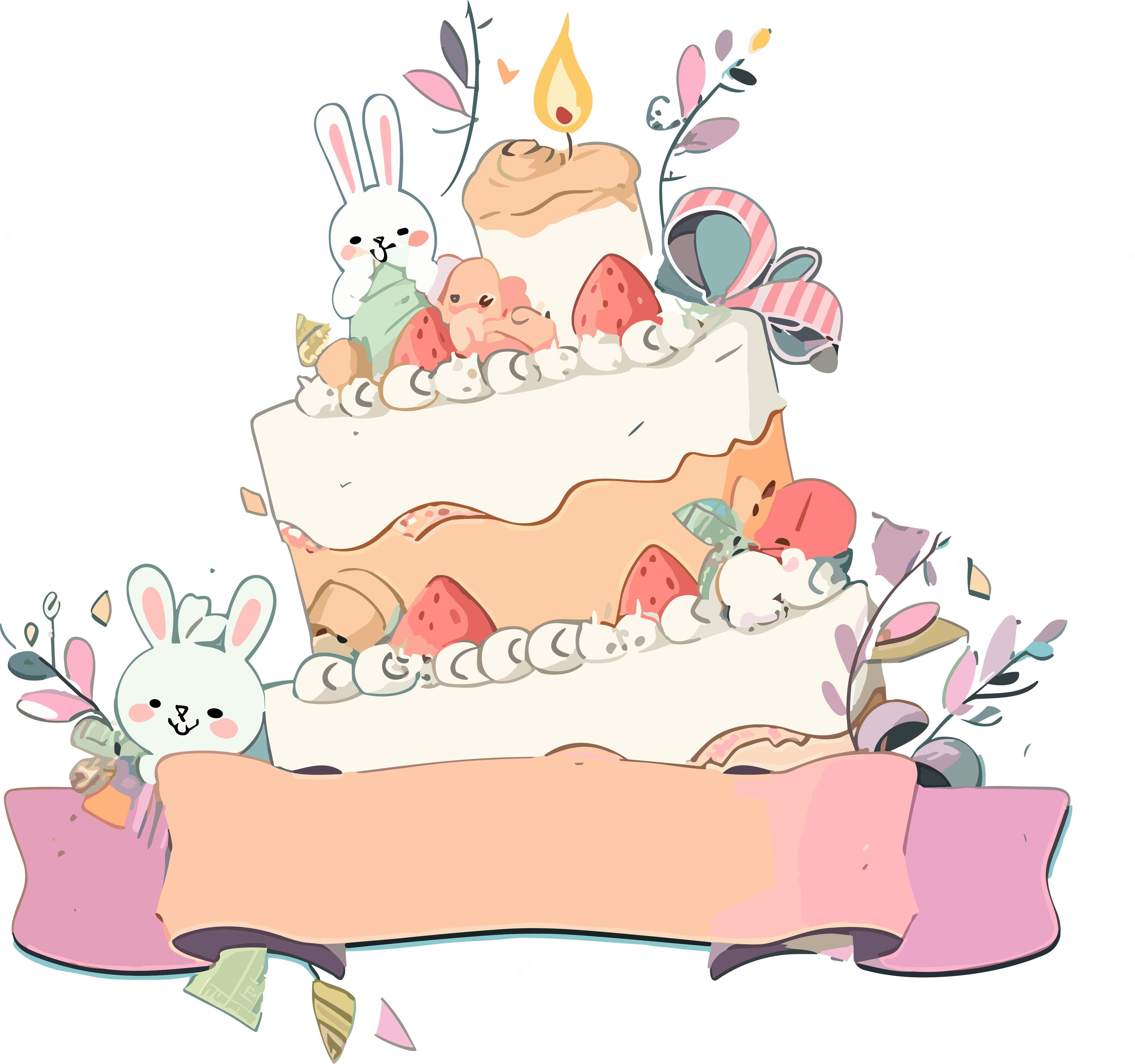 小兔子蛋糕透明背景生日卡插画