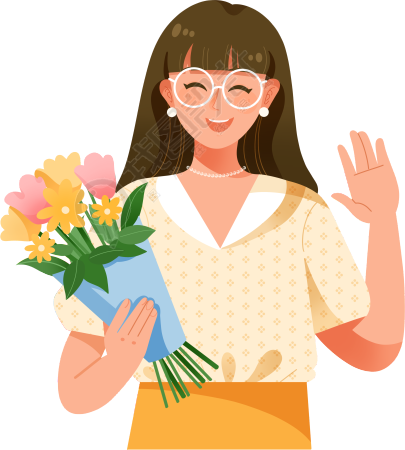 透明背景教师节女老师手拿鲜花手绘插画