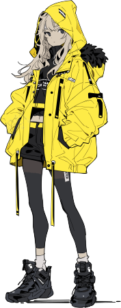 黄色夹克和黑鞋的卡通女孩插画