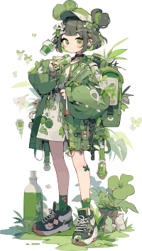 绿色花园中的可爱女孩插画