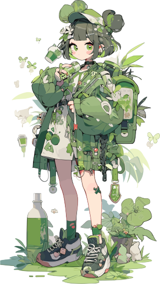 绿色花园中的可爱女孩插画