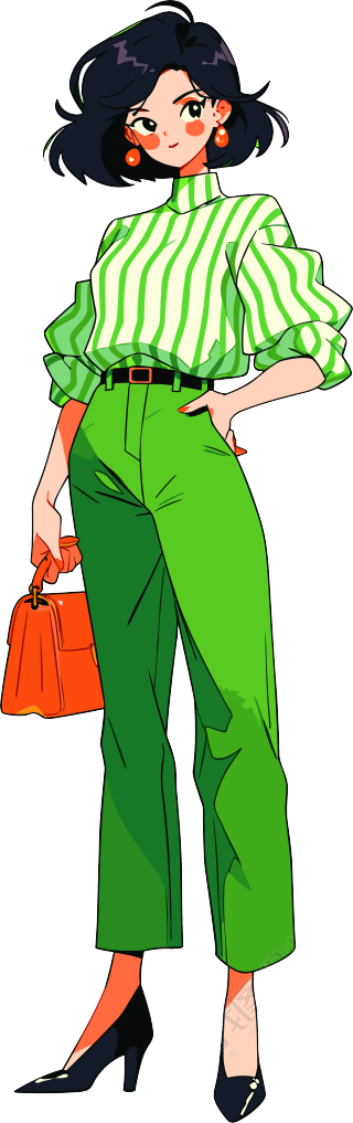 绿色条纹裤白上衣的卡通女孩