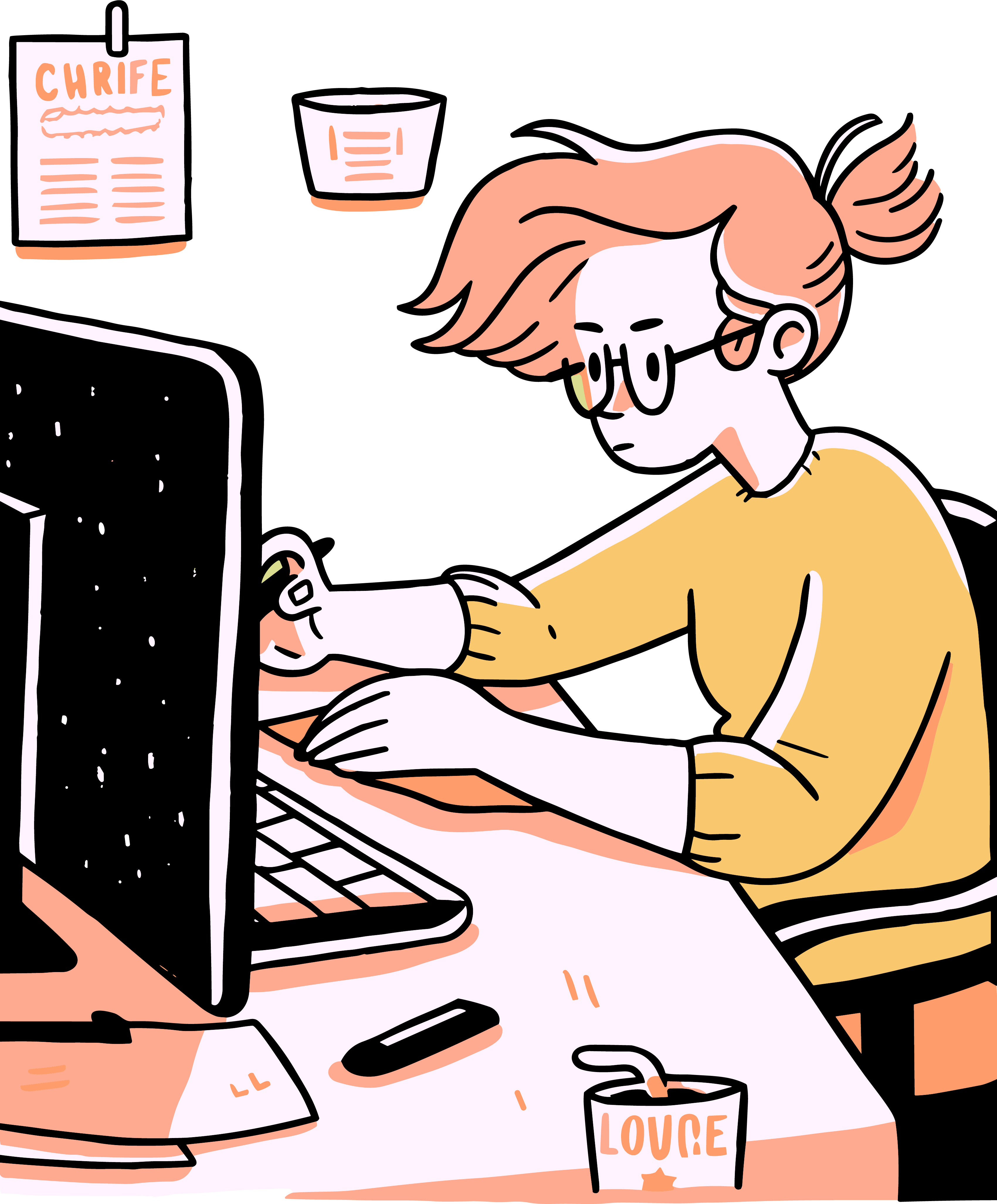 手绘风格动画素材，办公室里喝咖啡的女孩