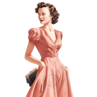 复古女士粉色连衣裙素材PNG