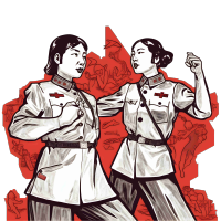 两位女性手持物品创意设计插画素材