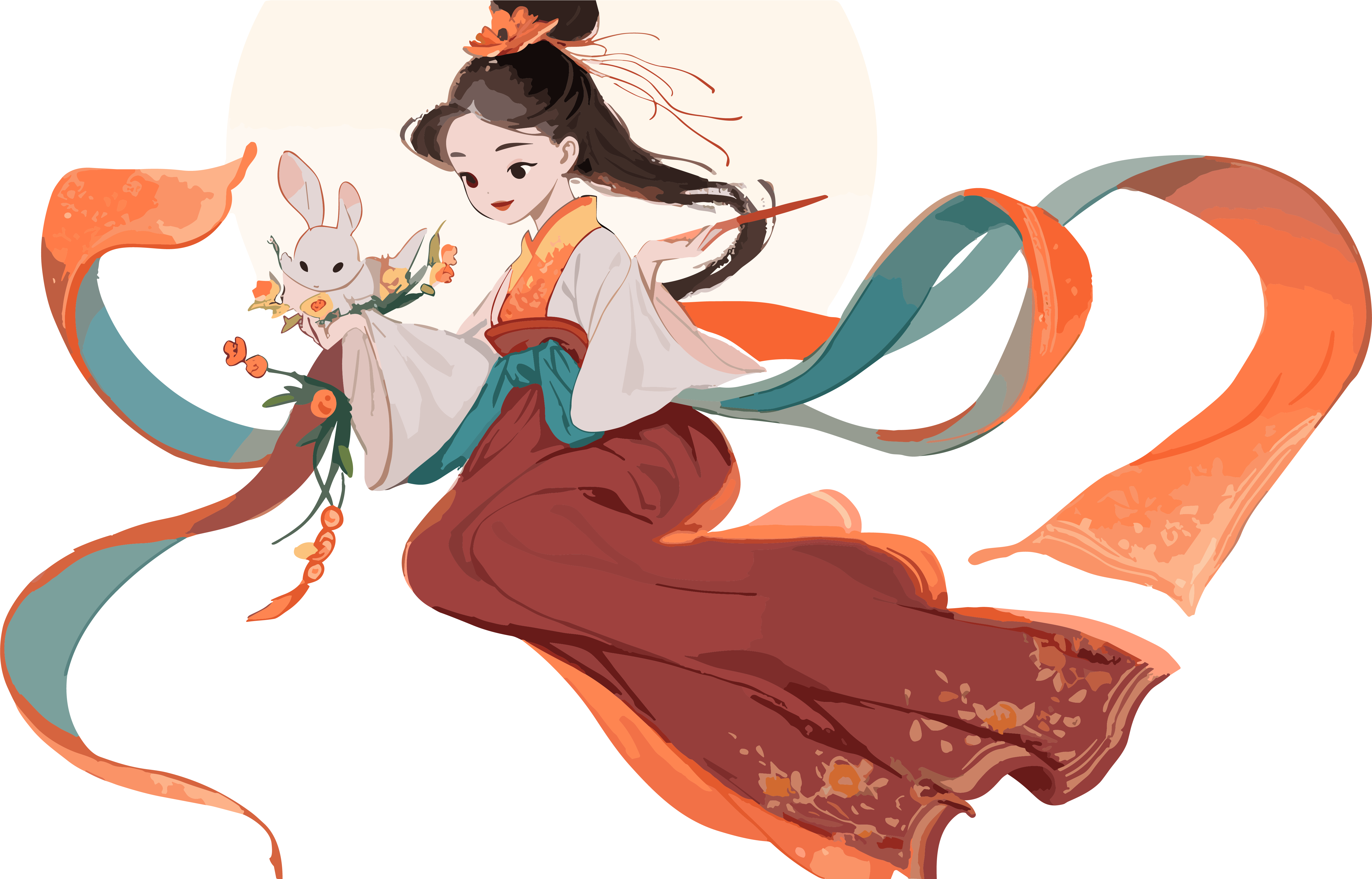 中国风嫦娥仙子和玉兔插画PNG素材