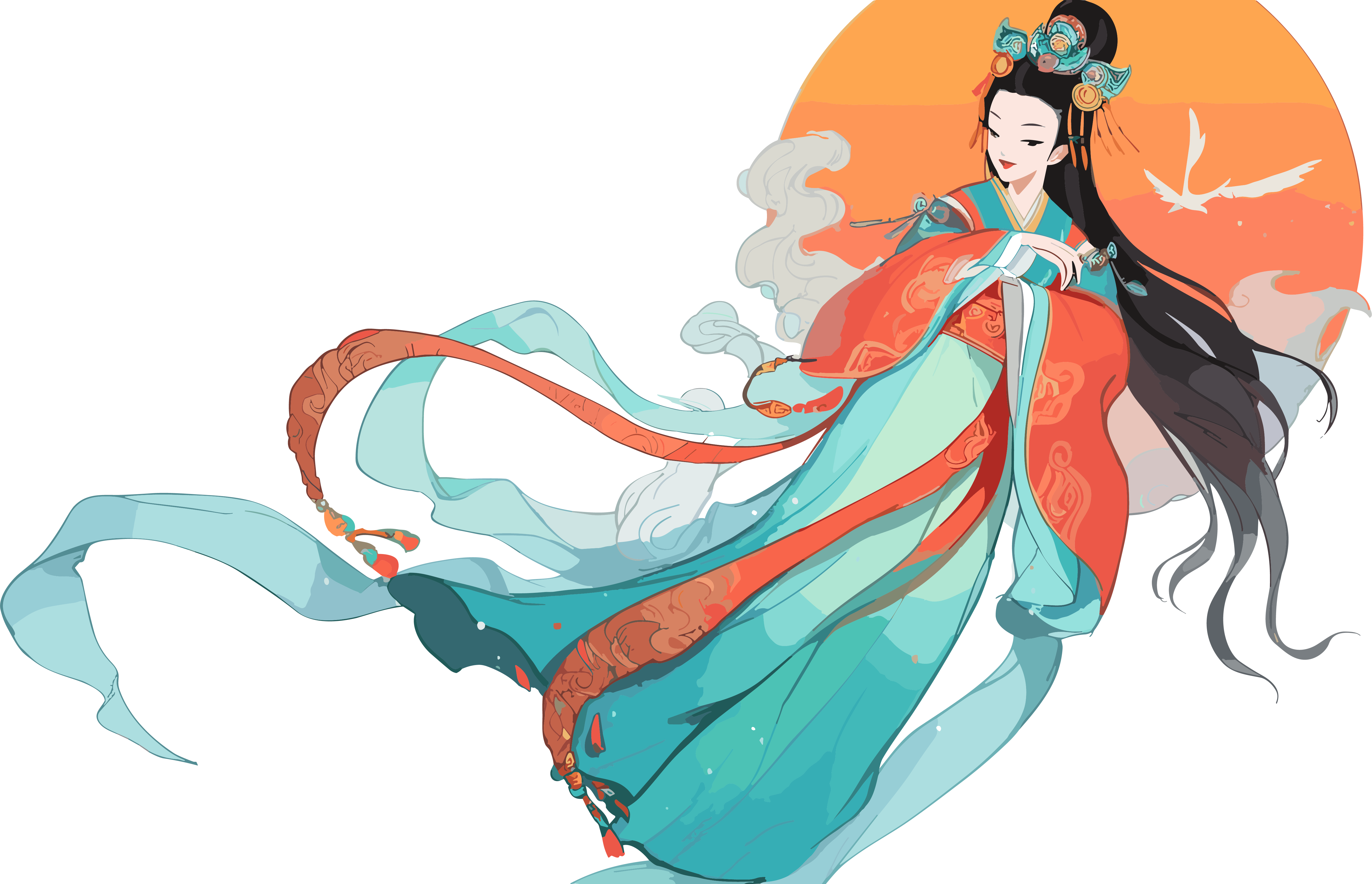 古风嫦娥仙子手持玉兔飞向月亮PNG图形素材