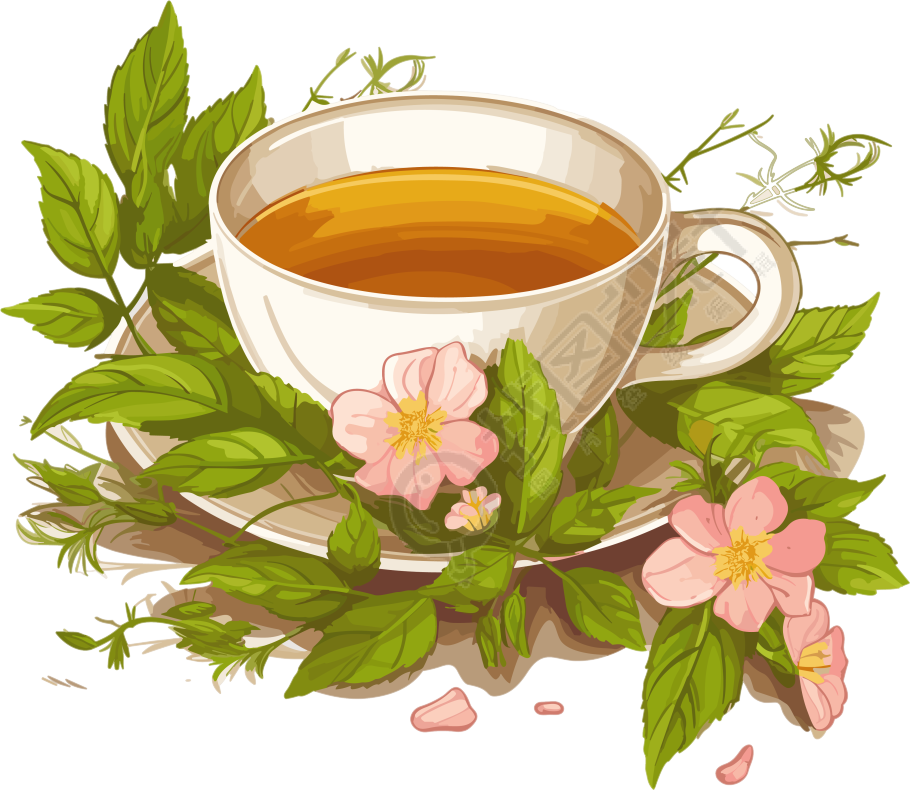 花叶纹理草本茶插画设计高清透明背景素材