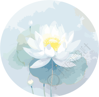 蓝色和柔和白色水彩荷花圆环素材