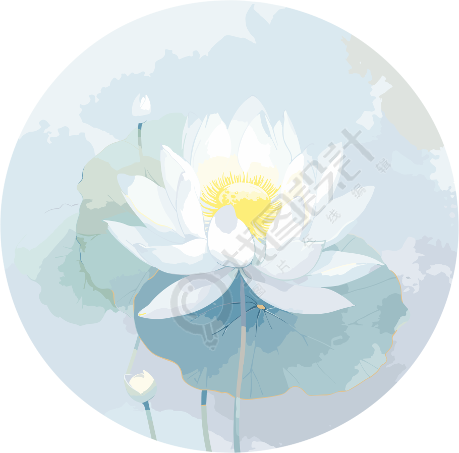 蓝色和柔和白色水彩荷花圆环素材