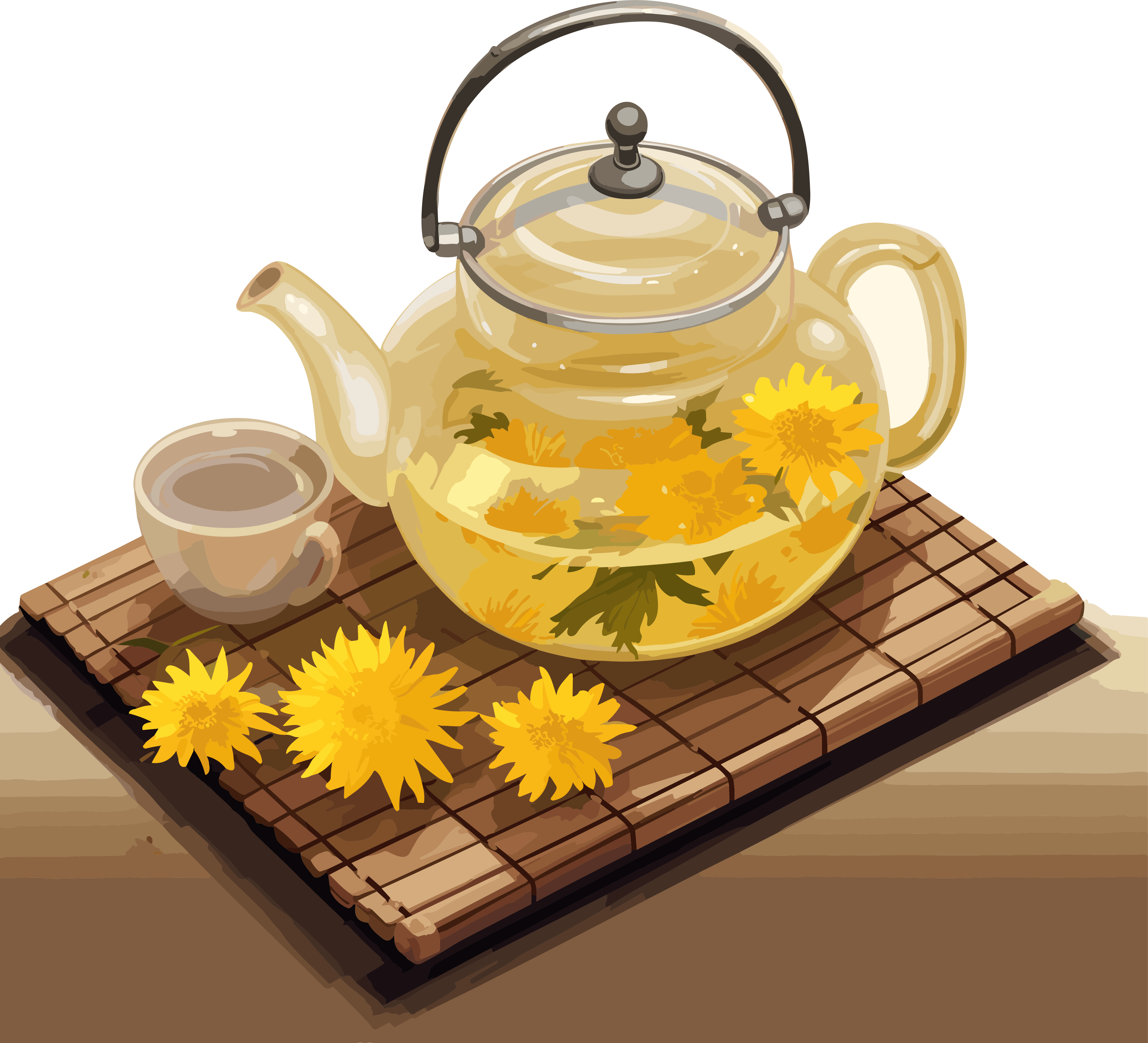 透明色彩的黄花茶壶插画素材