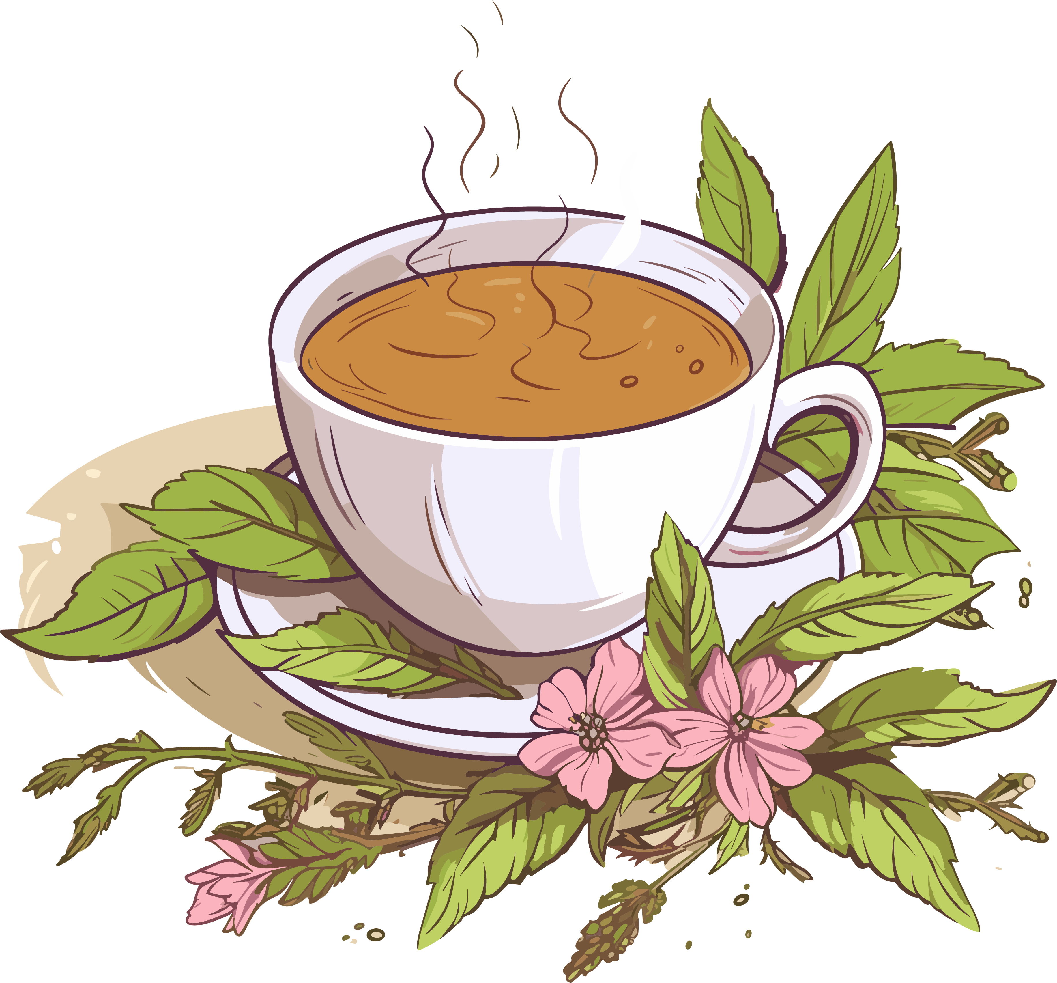 灰色背景上的叶子和花朵草本茶矢量插图