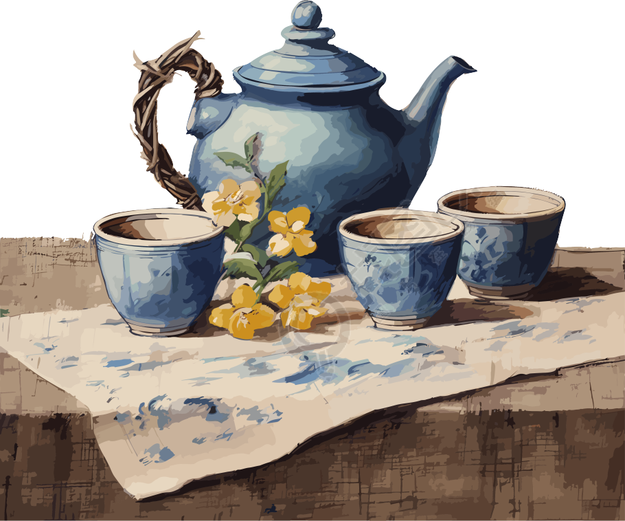 三个蓝色茶杯和茶壶在棕色布料上插画素材