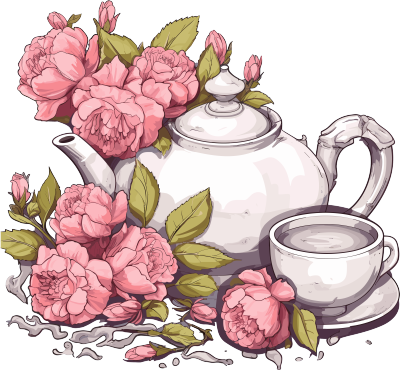 粉灰色风格的茶壶和几个杯子叶子和花朵插画