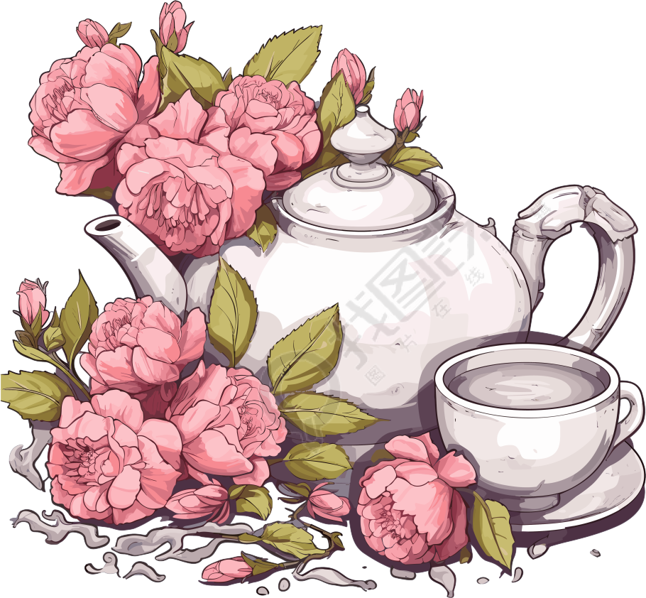 粉灰色风格的茶壶和几个杯子叶子和花朵插画