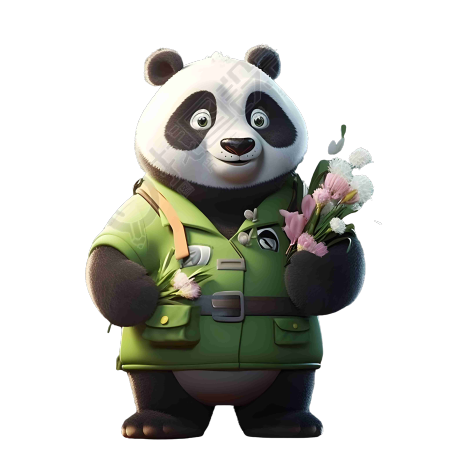 穿绿色制服手持花束的熊猫插画素材
