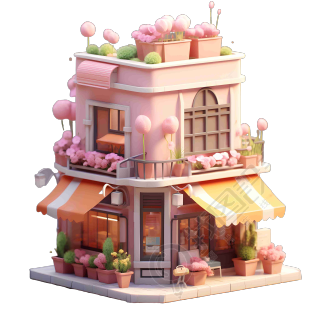 亮灯的花店可爱风建筑3D模型素材