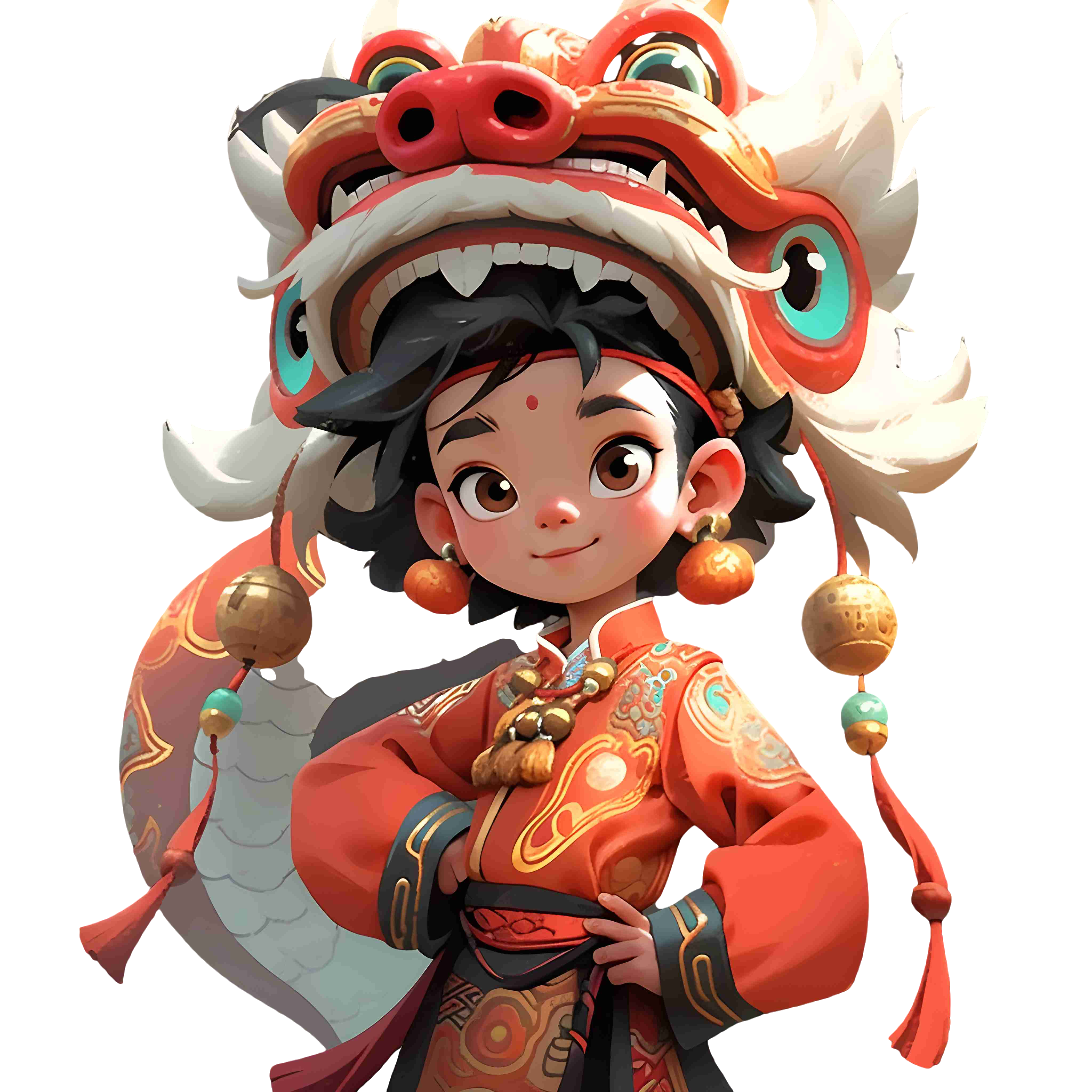 红白狮子与卡通形象的龙插画设计素材