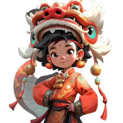 红白狮子与卡通形象的龙插画设计素材
