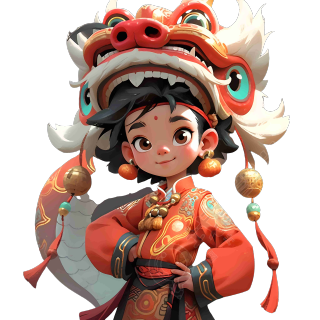 红白狮子与卡通形象的龙插画设计素材