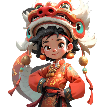 红白狮子与卡通形象的龙插画设计素材