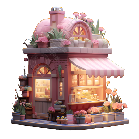 粉色木屋摆满鲜花3D立体素材