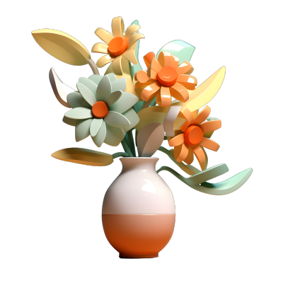 花朵与叶子装满花瓶的3D渲染素材