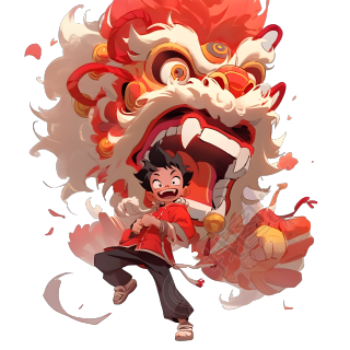 透明背景舞狮艺术插画设计