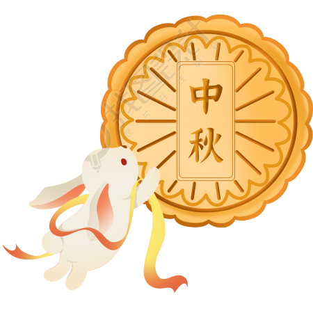 中秋月饼可爱玉兔手拿飘带商用插画