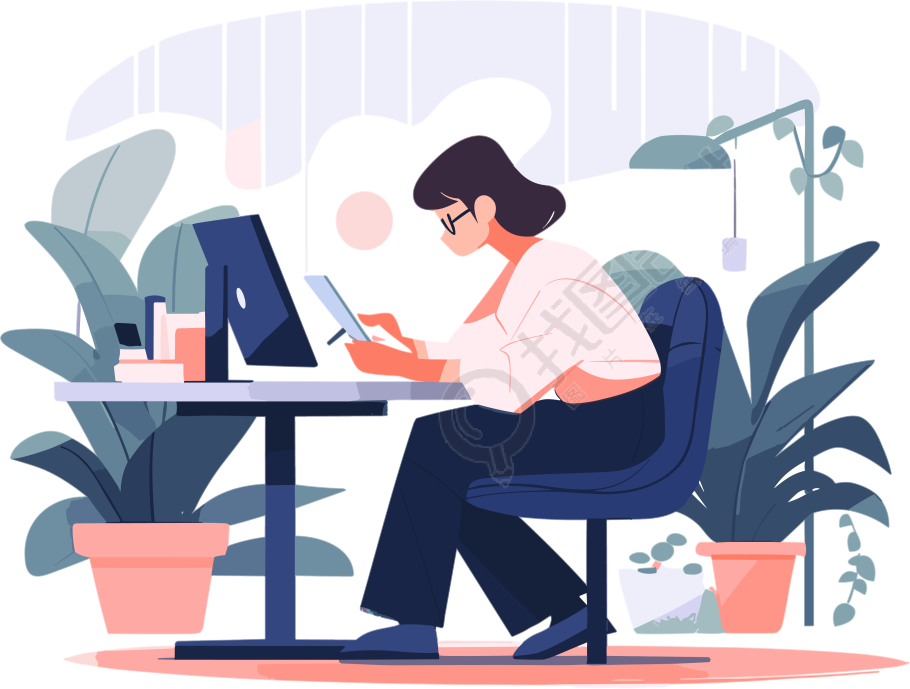 认真上班的女生商务插画