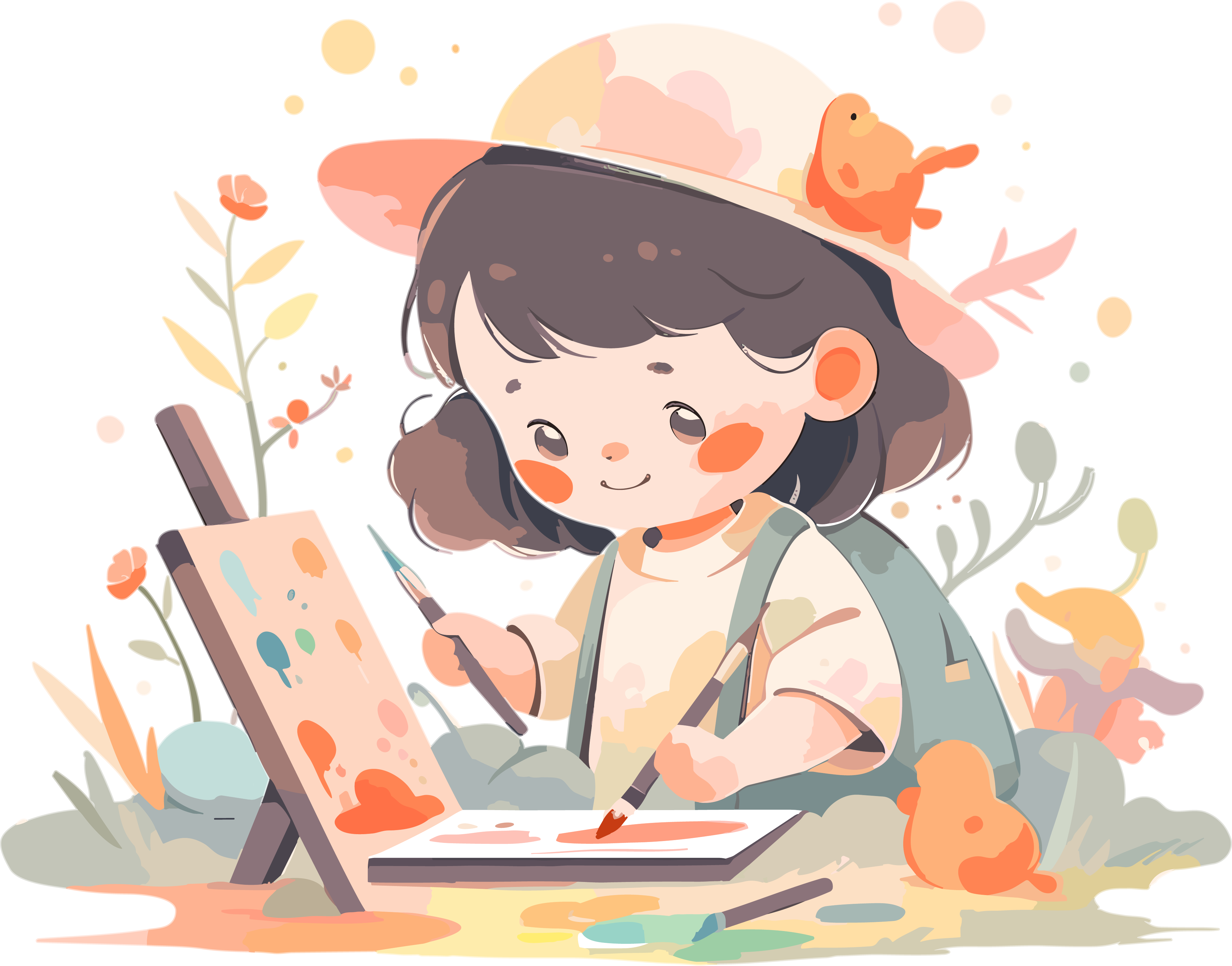 画画的小女孩可商用手绘插画设计