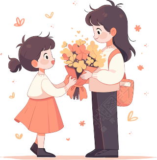 手绘插画学生送花PNG素材