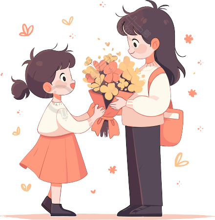手绘插画学生送花PNG素材