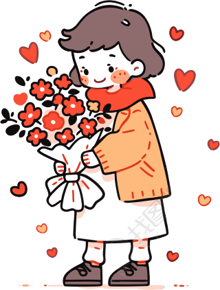 可爱女孩手持花束的简笔画插图