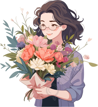 手绘插画美丽花束和女老师PNG素材