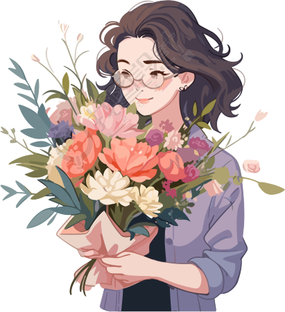 手绘插画美丽花束和女老师PNG素材
