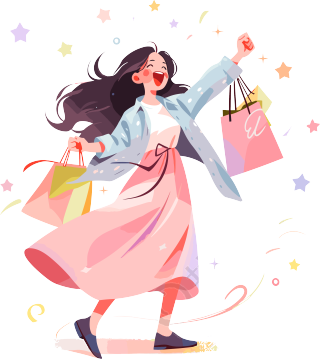 女性购物愉快的2D图形插画