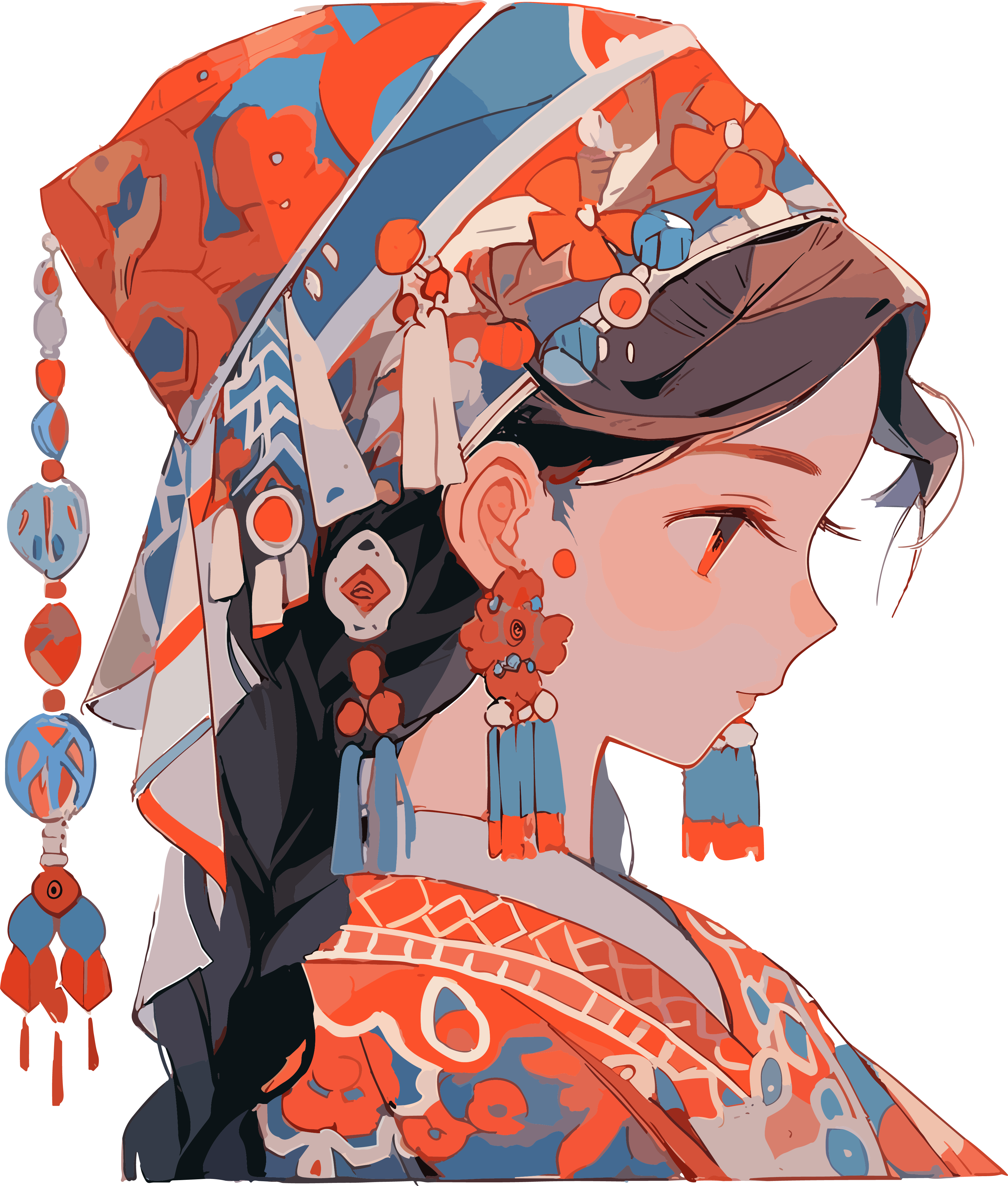传统女子穿戴传统珠宝的当代中国艺术作品