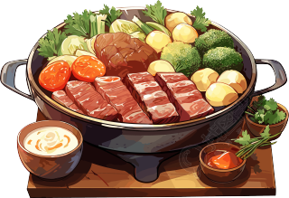 摆满牛肉和蔬菜的营养火锅素材