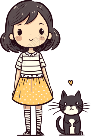 可爱女孩条纹上衣和猫咪插画