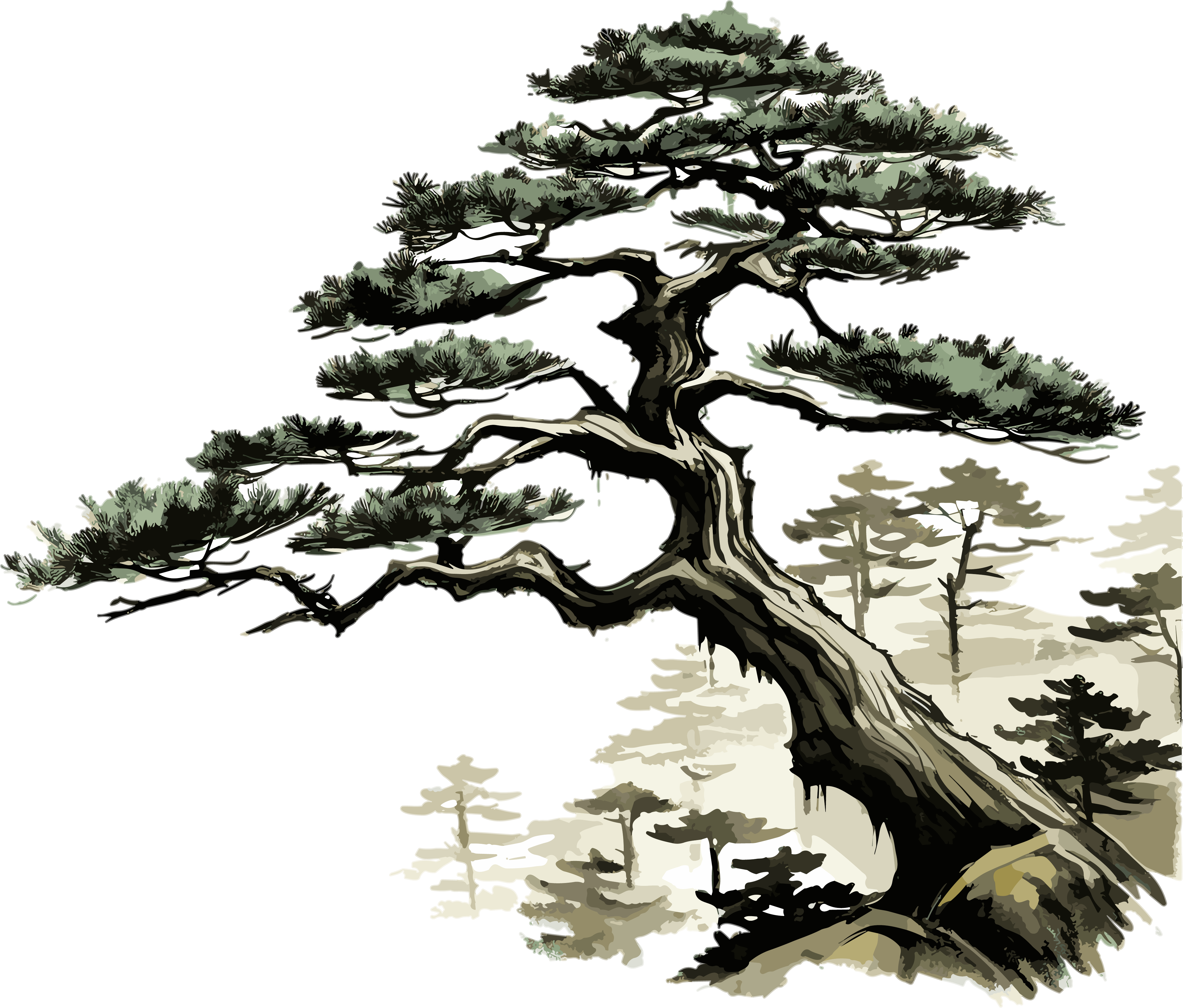 中国风艺术作品松树山脉插画