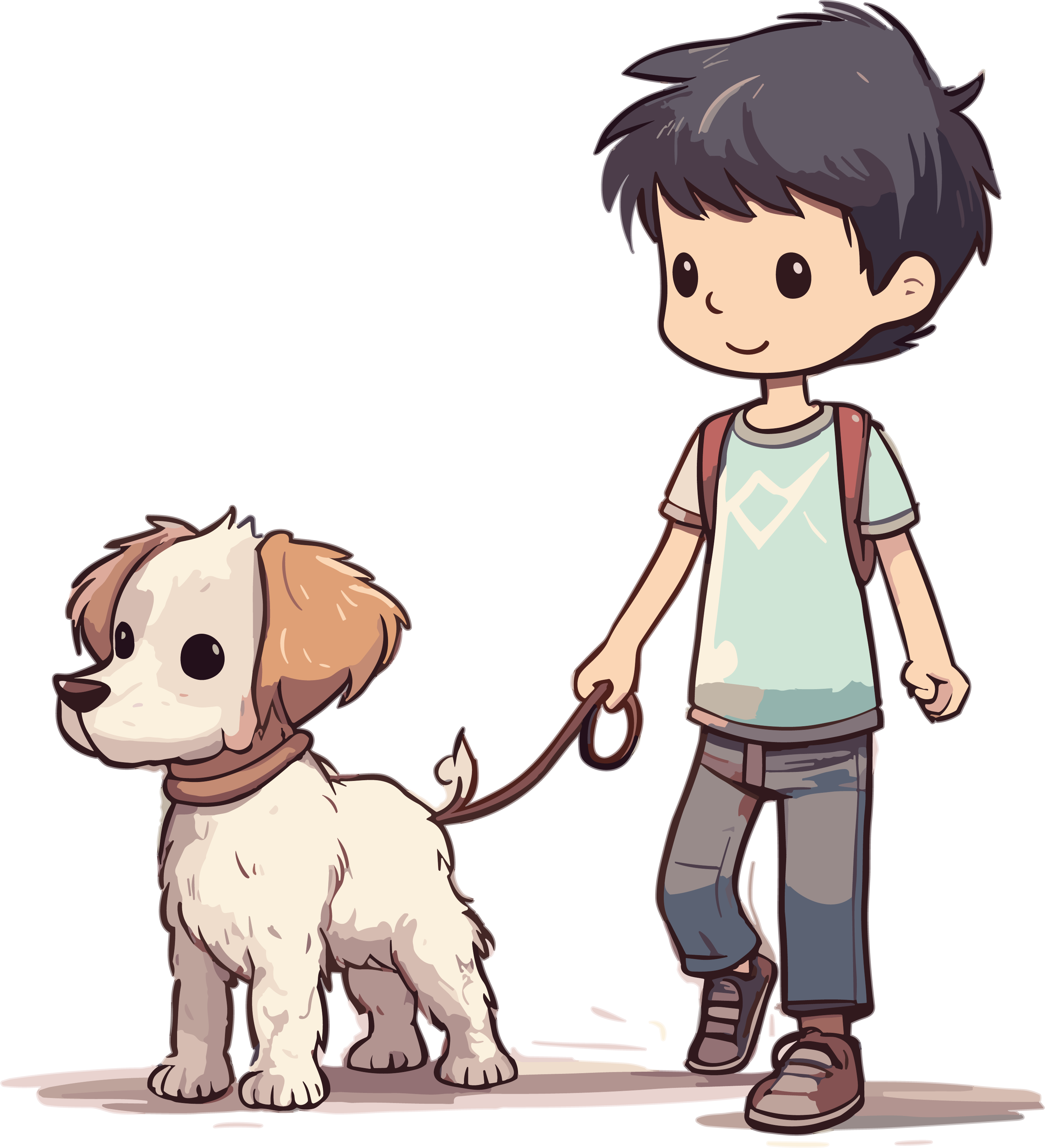 可爱男孩带领着狗狗散步插画