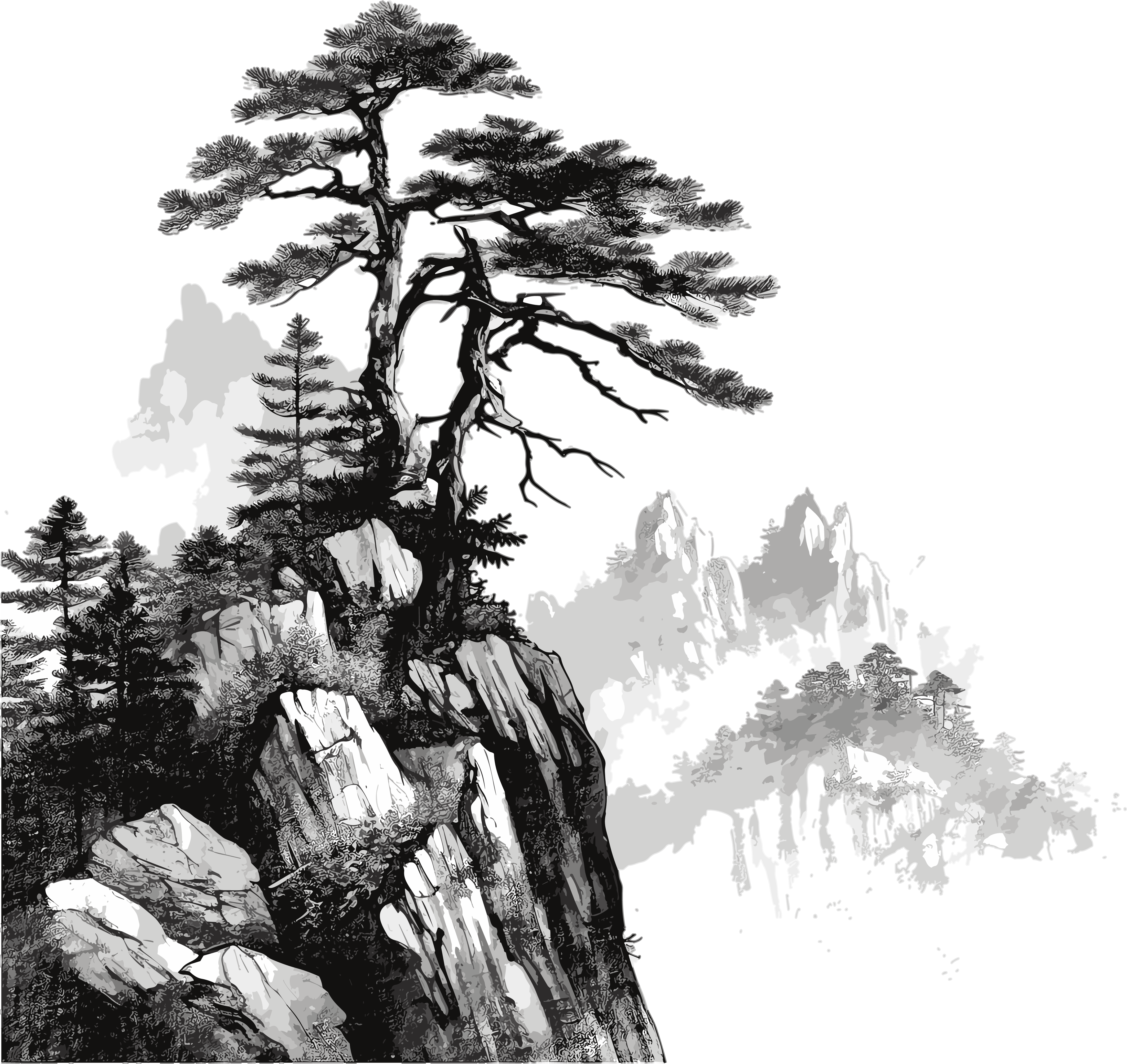 中国风高山上的松树插画