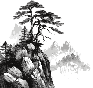 中国风高山上的松树插画