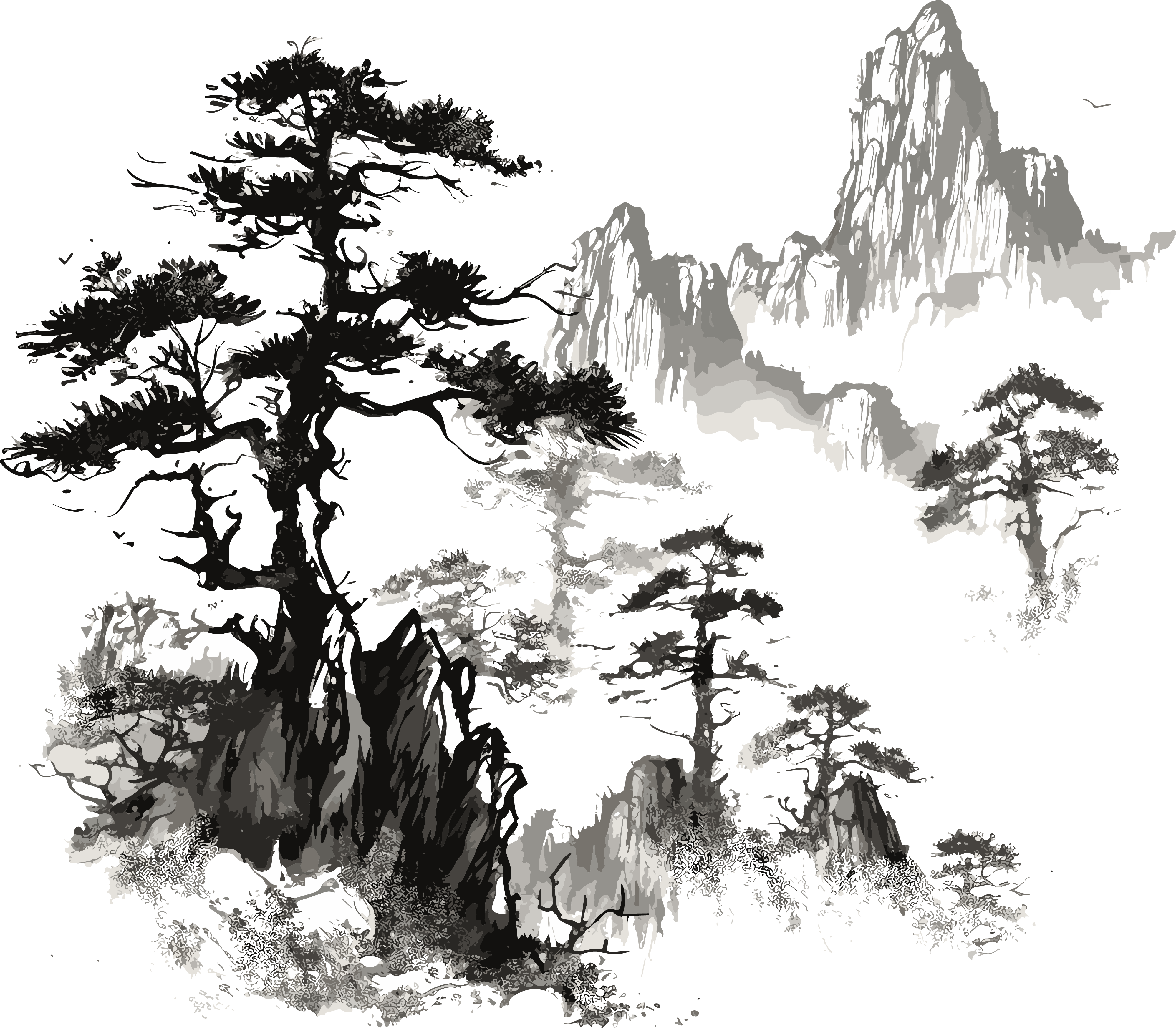 创意设计松树山脉水墨插画
