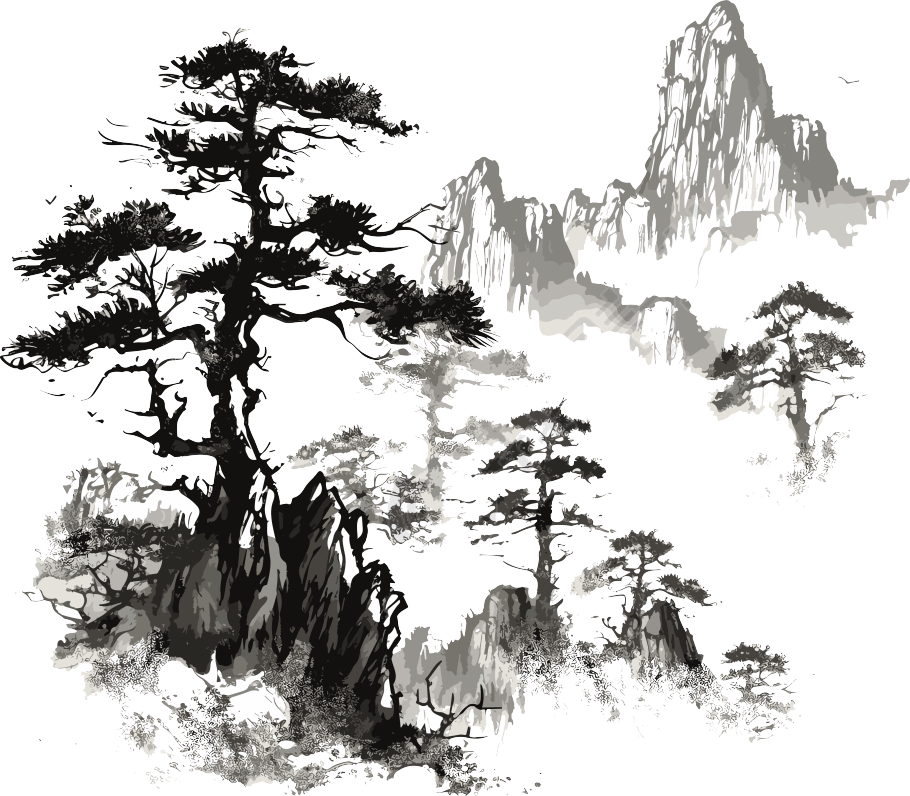 创意设计松树山脉水墨插画