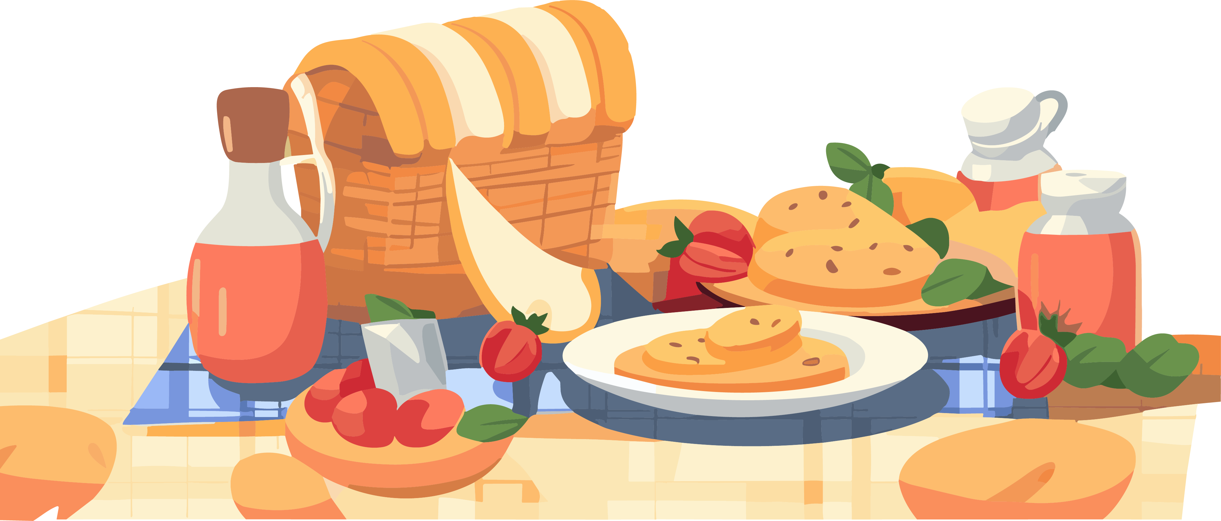 户外聚会野餐毯子上的美食插画