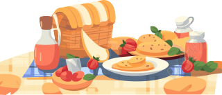 户外聚会野餐毯子上的美食插画